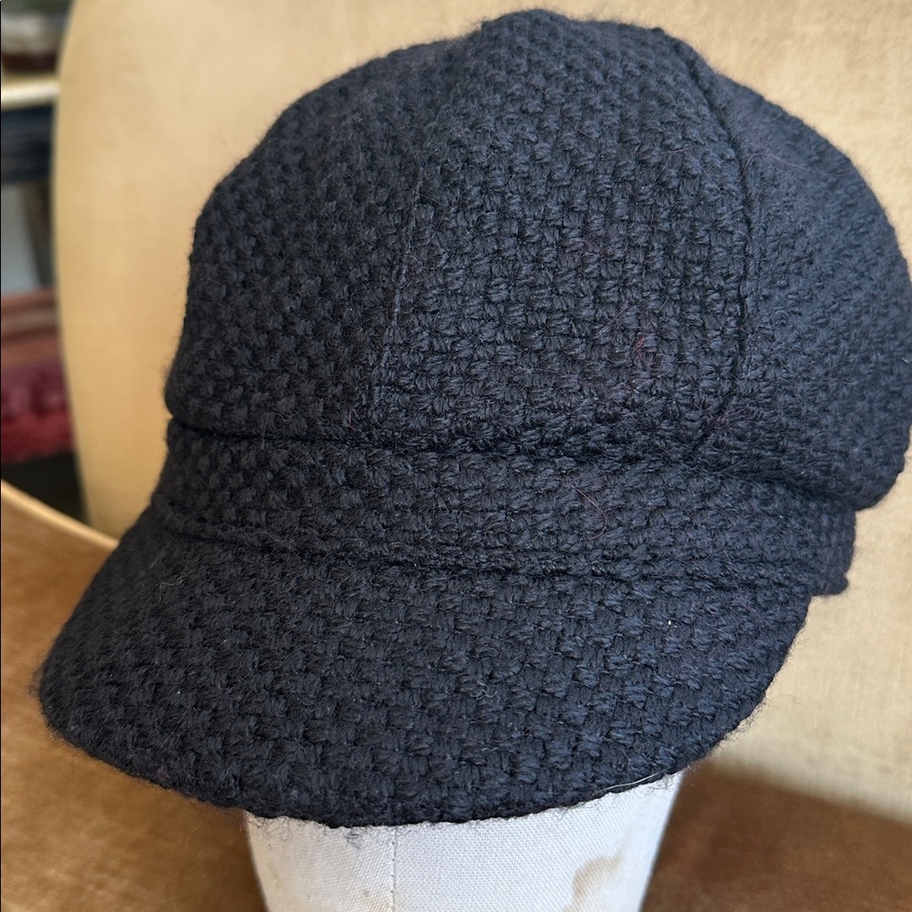 Cap Wool Newspaper Boy style busker woven fabric Sz S/M Satin lined Grosgrain